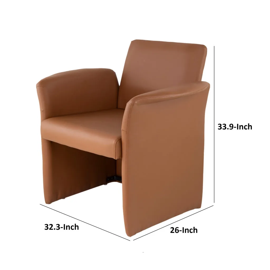 32 Inch Accent Chair, Curved, Extended Back, Caramel Brown Faux Leather By Casagear Home