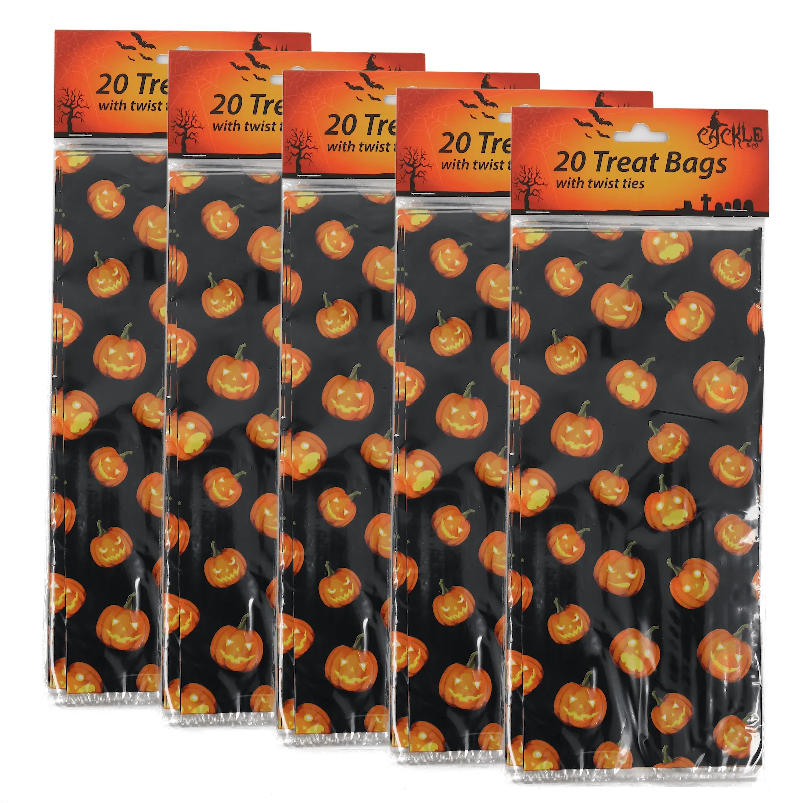 5 x 20pk Halloween Trick Or Treat Cellophane Bags With Ties