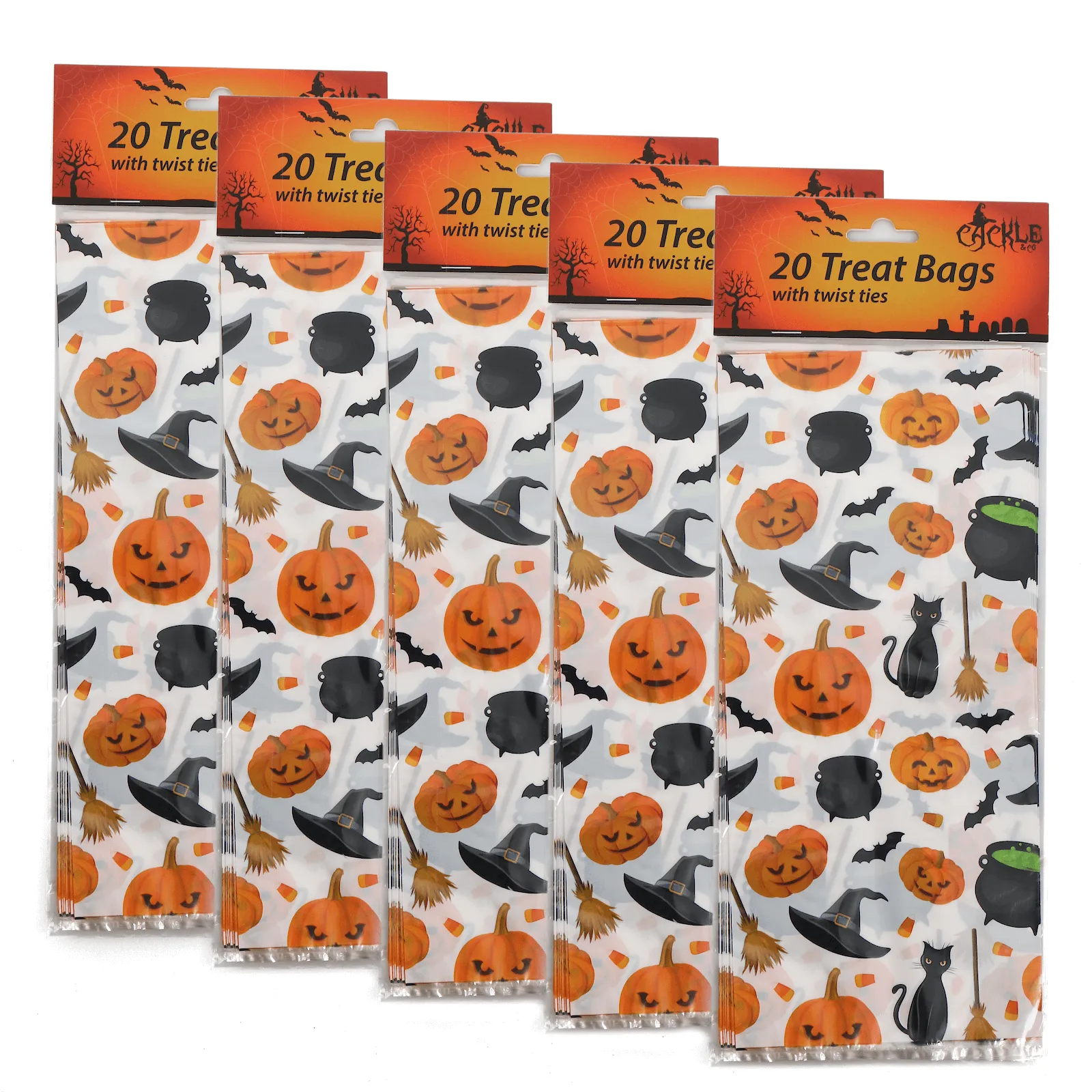 5 x 20pk Halloween Trick Or Treat Cellophane Bags With Ties