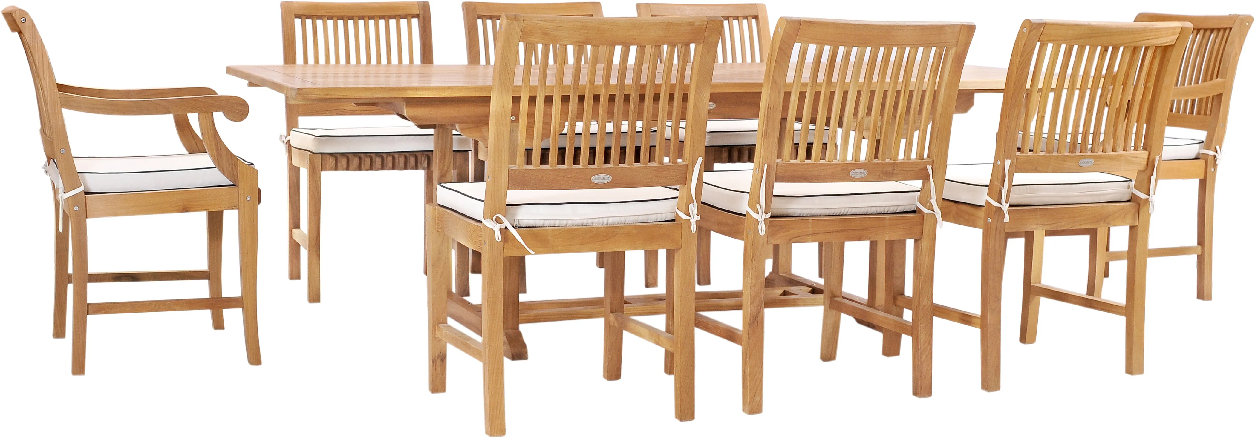 9 Piece Teak Wood Castle Patio Dining Set with Rectangular Extension Table, 6 Side Chairs and 2 Arm Chairs