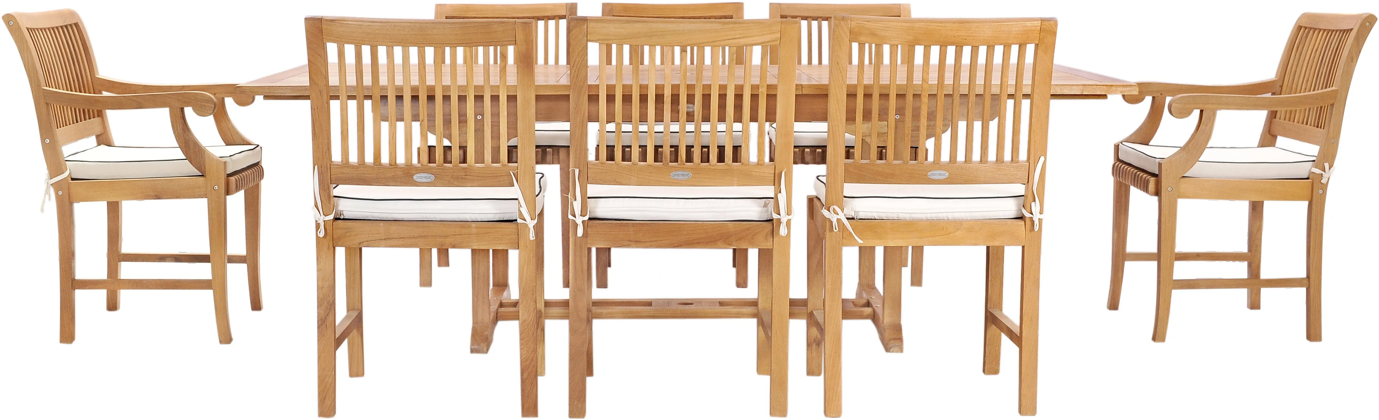 9 Piece Teak Wood Castle Patio Dining Set with Rectangular Extension Table, 6 Side Chairs and 2 Arm Chairs