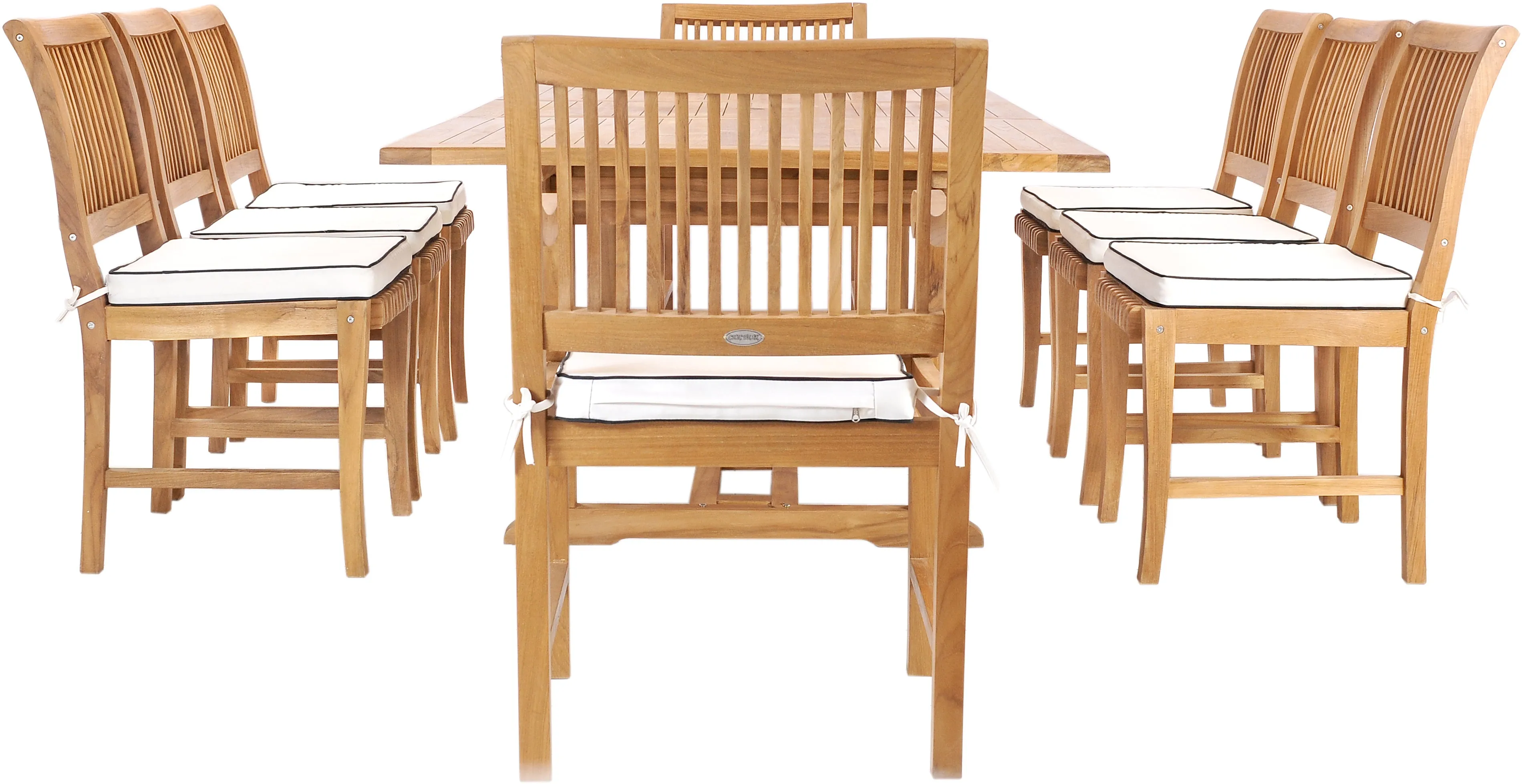 9 Piece Teak Wood Castle Patio Dining Set with Rectangular Extension Table, 6 Side Chairs and 2 Arm Chairs