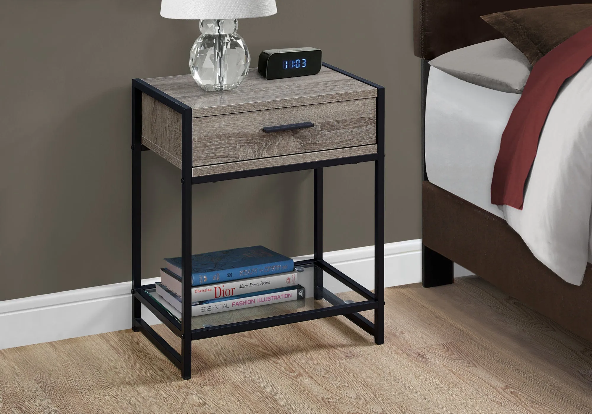 Accent Table - 22"H / Dark Taupe / Black / Tempered Glass