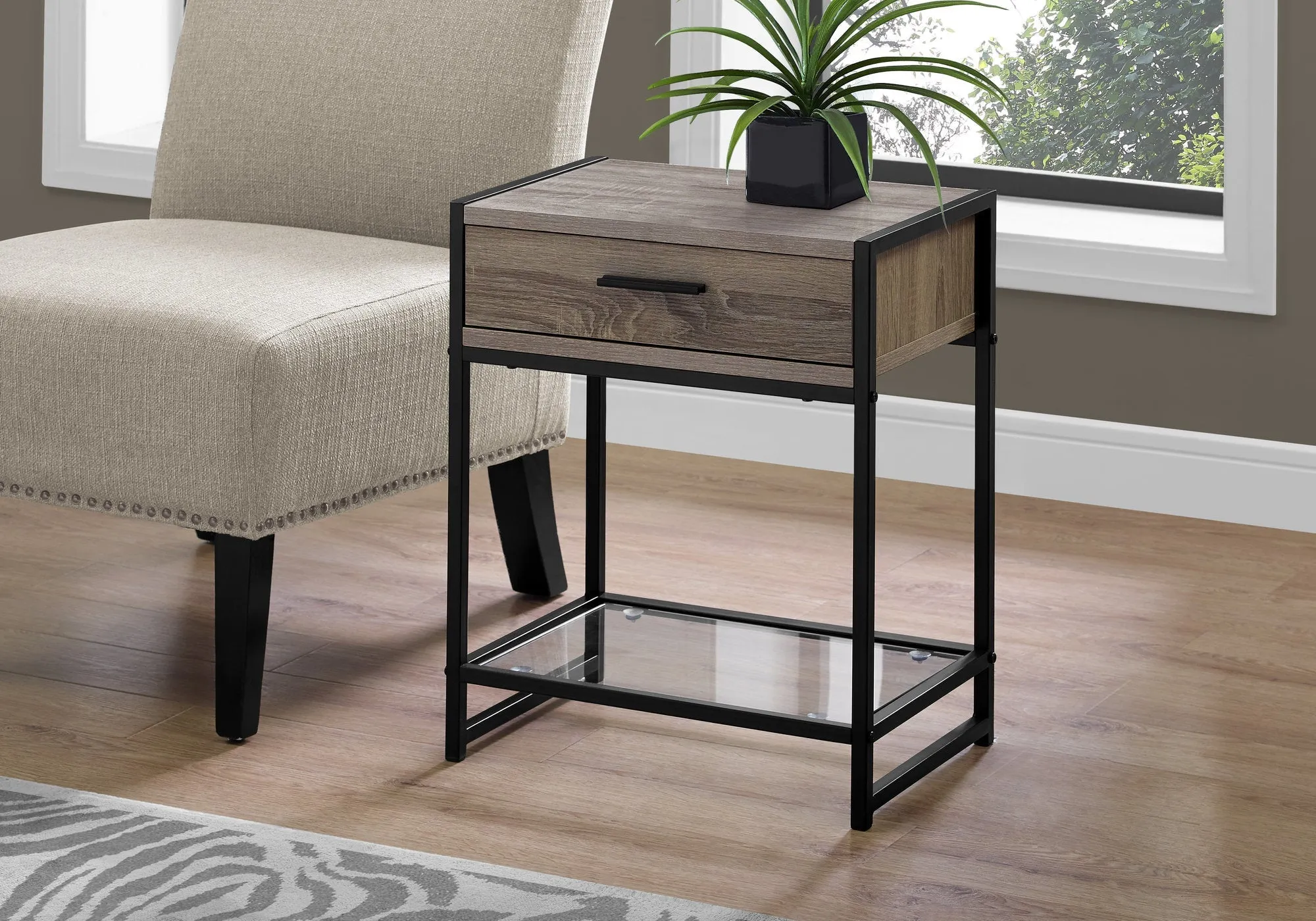 Accent Table - 22"H / Dark Taupe / Black / Tempered Glass