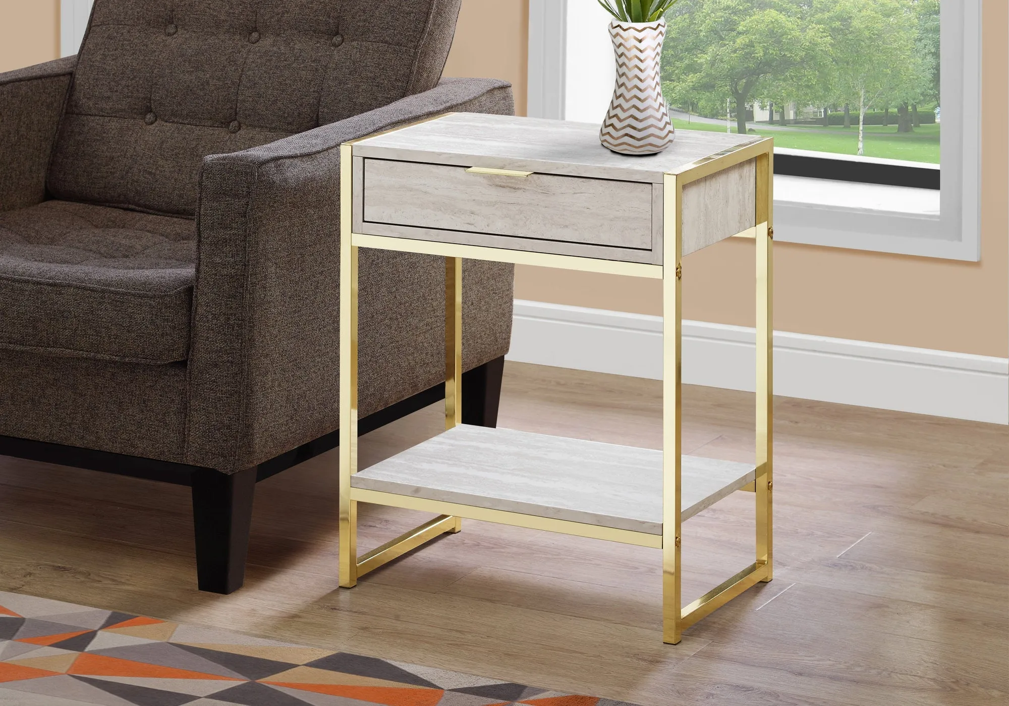 Accent Table - 24"H / Beige Marble / Gold Metal