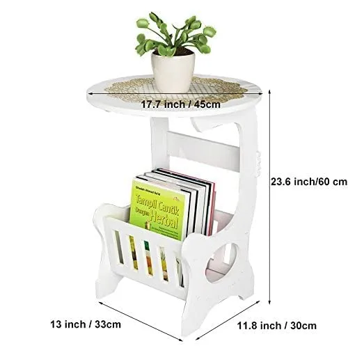 Amazing Shoppee Small Round Bed Side Table Round Coffee Tea Table Home Living Room Storage Magezine and Book Rack (White)(Wood)