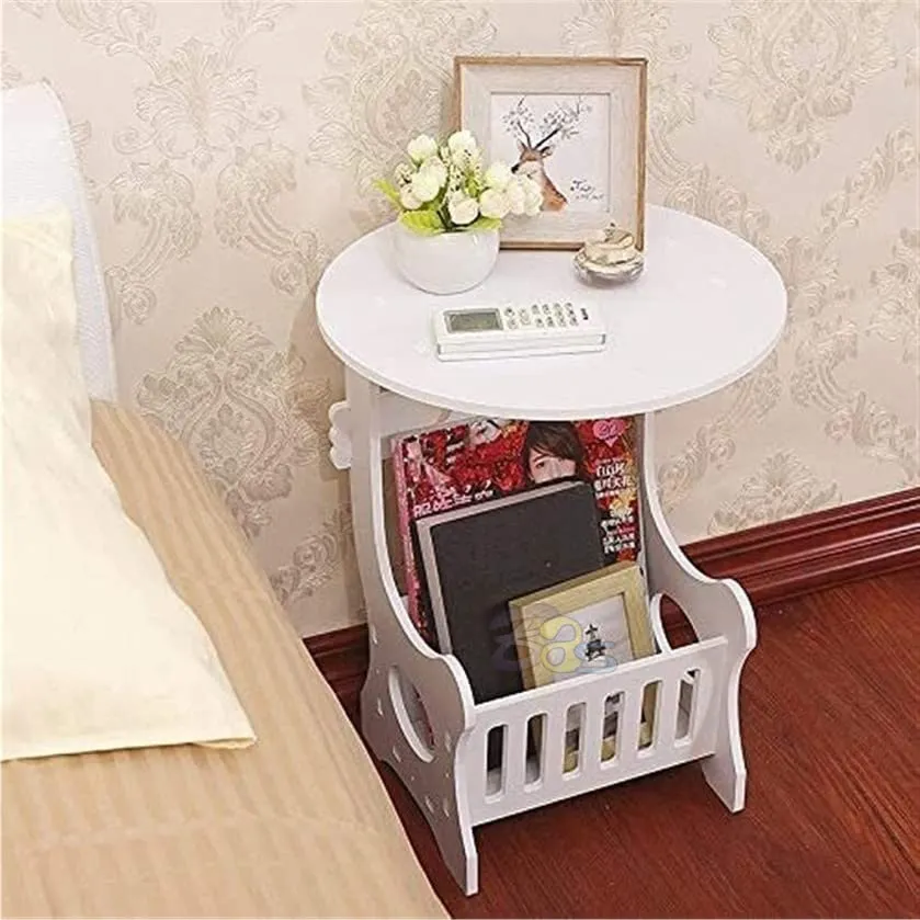 Amazing Shoppee Small Round Bed Side Table Round Coffee Tea Table Home Living Room Storage Magezine and Book Rack (White)(Wood)