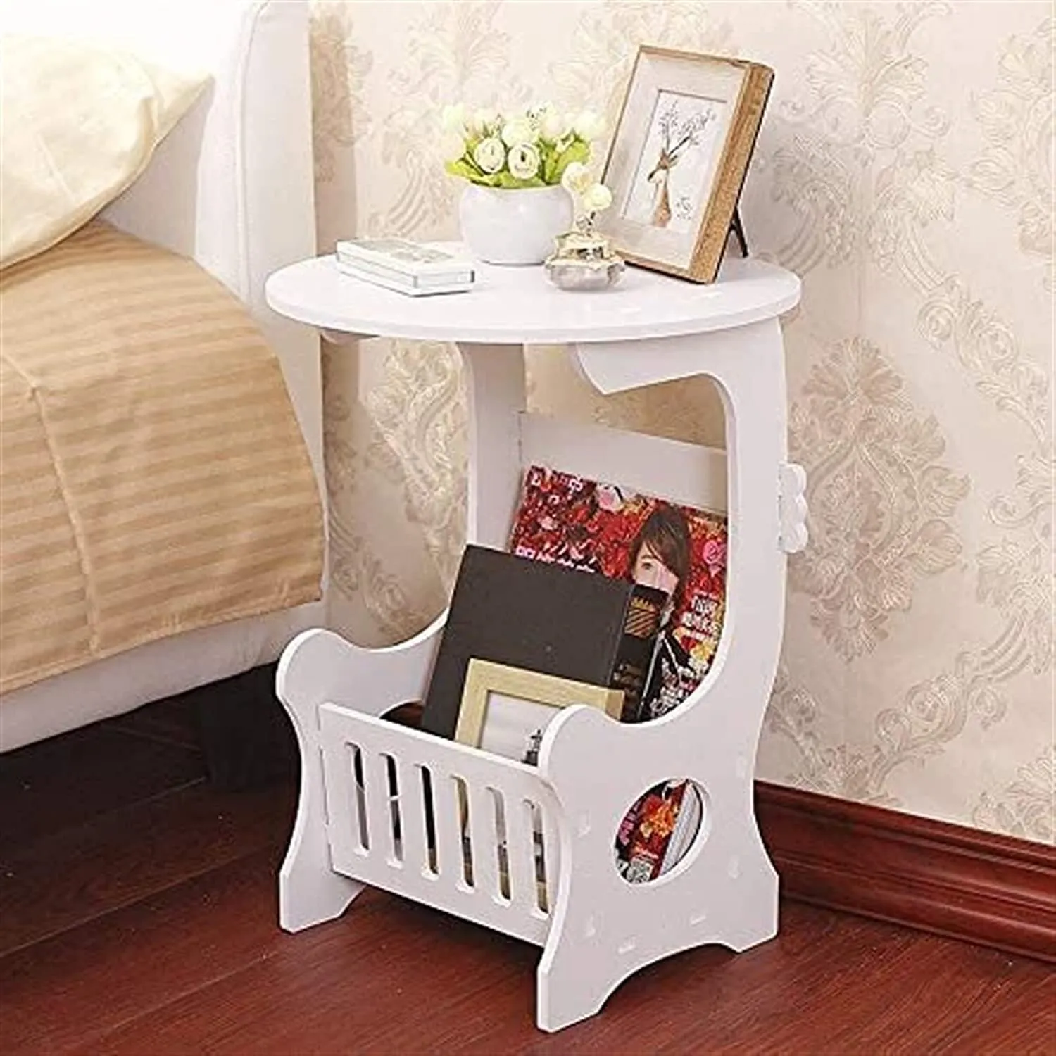 Amazing Shoppee Small Round Bed Side Table Round Coffee Tea Table Home Living Room Storage Magezine and Book Rack (White)(Wood)