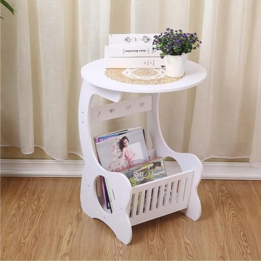 Amazing Shoppee Small Round Bed Side Table Round Coffee Tea Table Home Living Room Storage Magezine and Book Rack (White)(Wood)