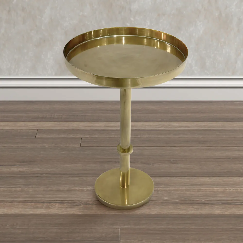 Ara 12 Inch Side End Table, Vintage Sleek Pillar Base, Round Tray Top, Oxidized Antique Brass The Urban Port