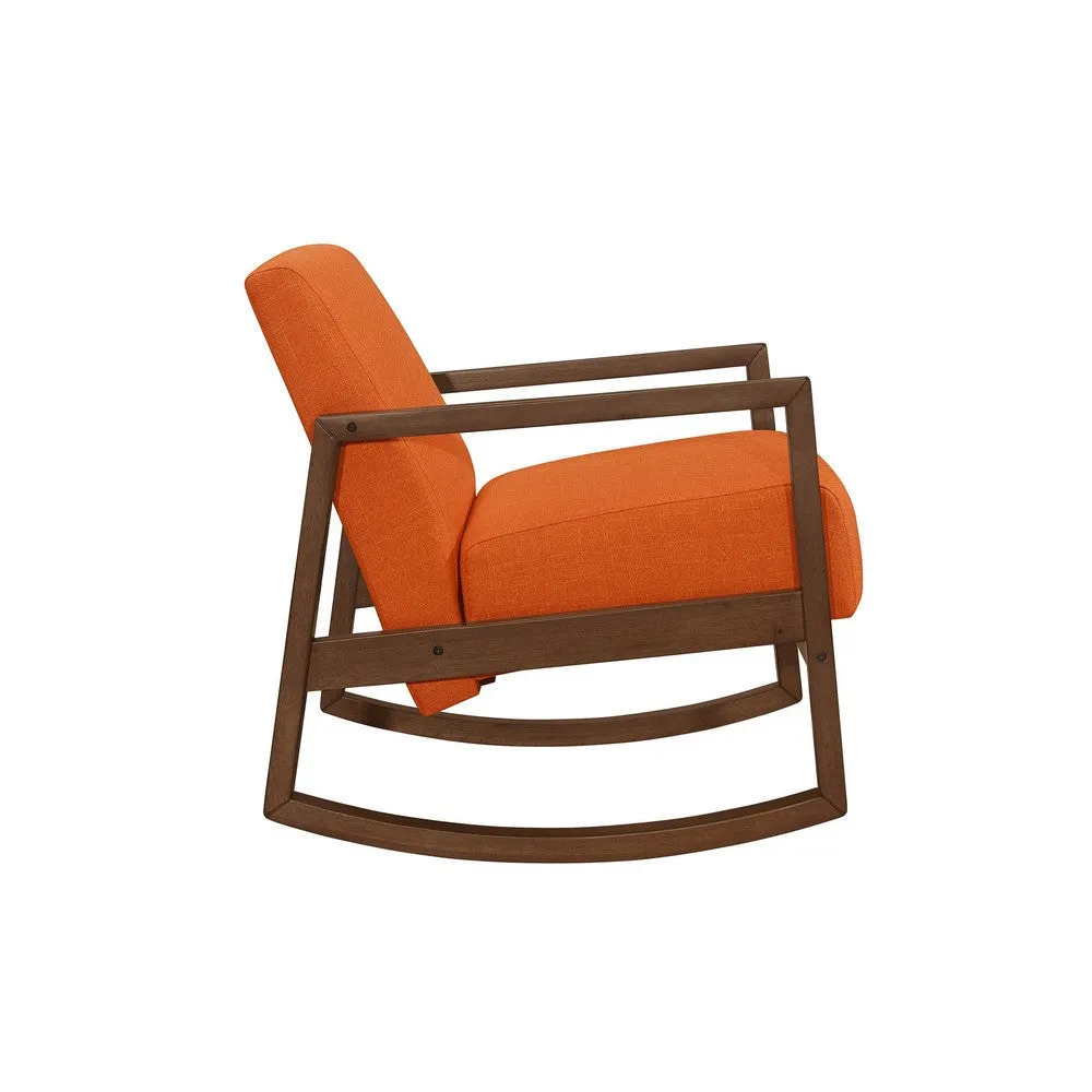 Clovi 32 Inch Rocker Accent Chair, Orange Fabric, Foam Cushions, Brown Wood By Casagear Home