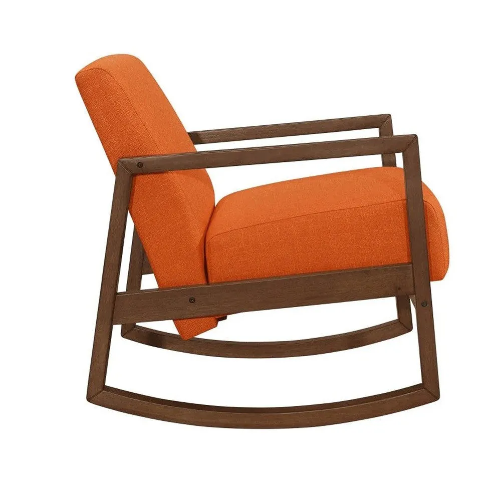 Clovi 32 Inch Rocker Accent Chair, Orange Fabric, Foam Cushions, Brown Wood By Casagear Home