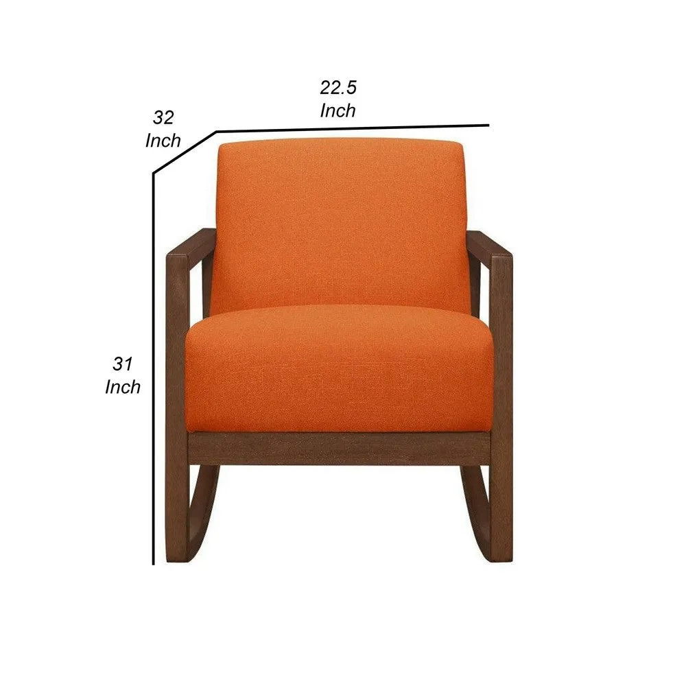 Clovi 32 Inch Rocker Accent Chair, Orange Fabric, Foam Cushions, Brown Wood By Casagear Home