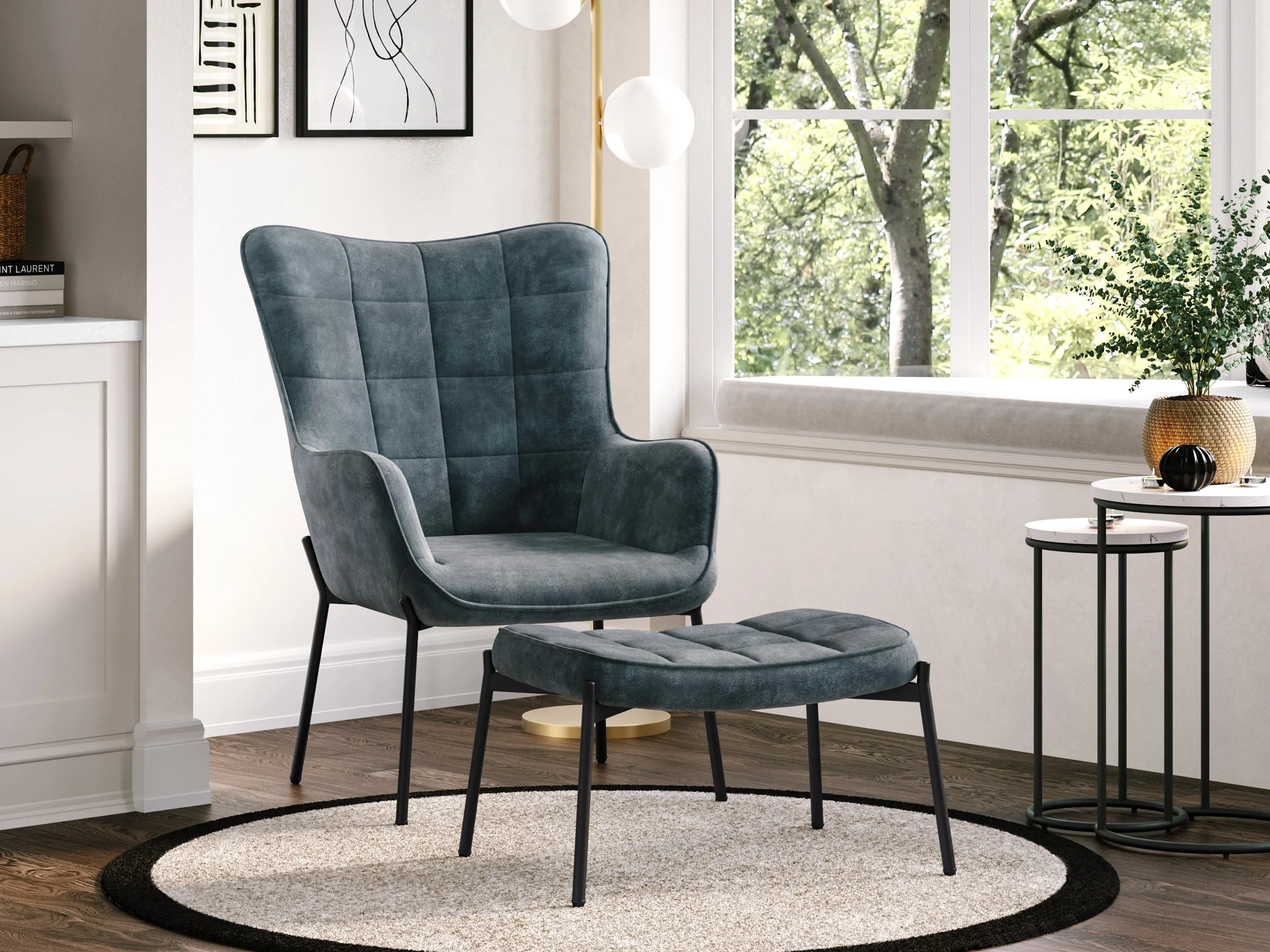 Dark Teal Velvet Accent Chair with Stool