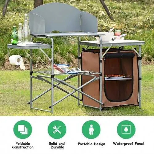 Foldable Outdoor BBQ Portable Grilling Table With Windscreen Bag