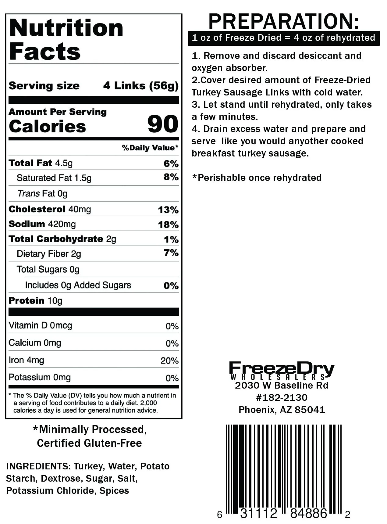 Freeze Dry Wholesalers Freeze-Dried Breakfast Turkey Sausage - Backpacking and Camping Food - Gluten-Free - Emergency Foods