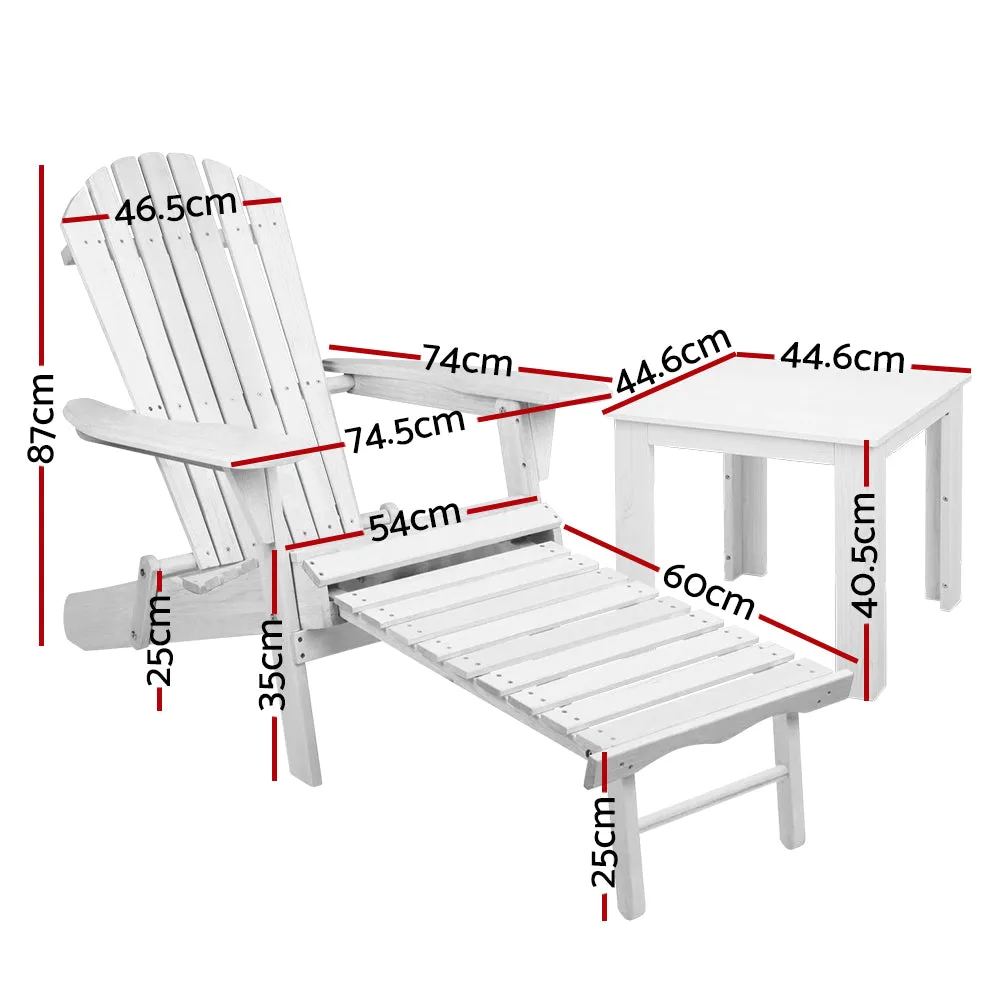 Gardeon 3PC Adirondack Outdoor Table and Chairs Wooden Sun Lounge Beach Patio White