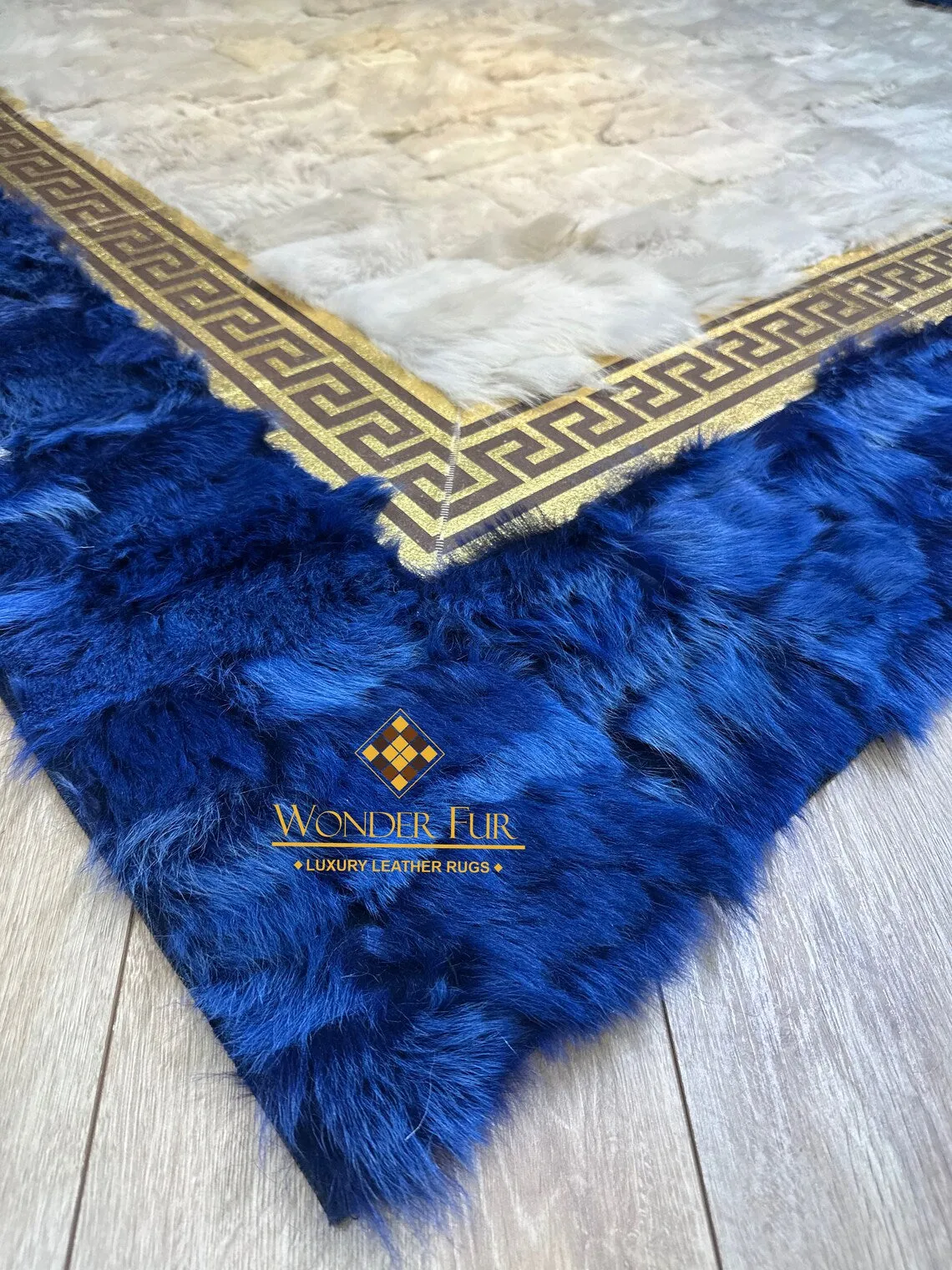 Handmade Customized Natural Sheepskin Blue White 8x10 Living Room Rug