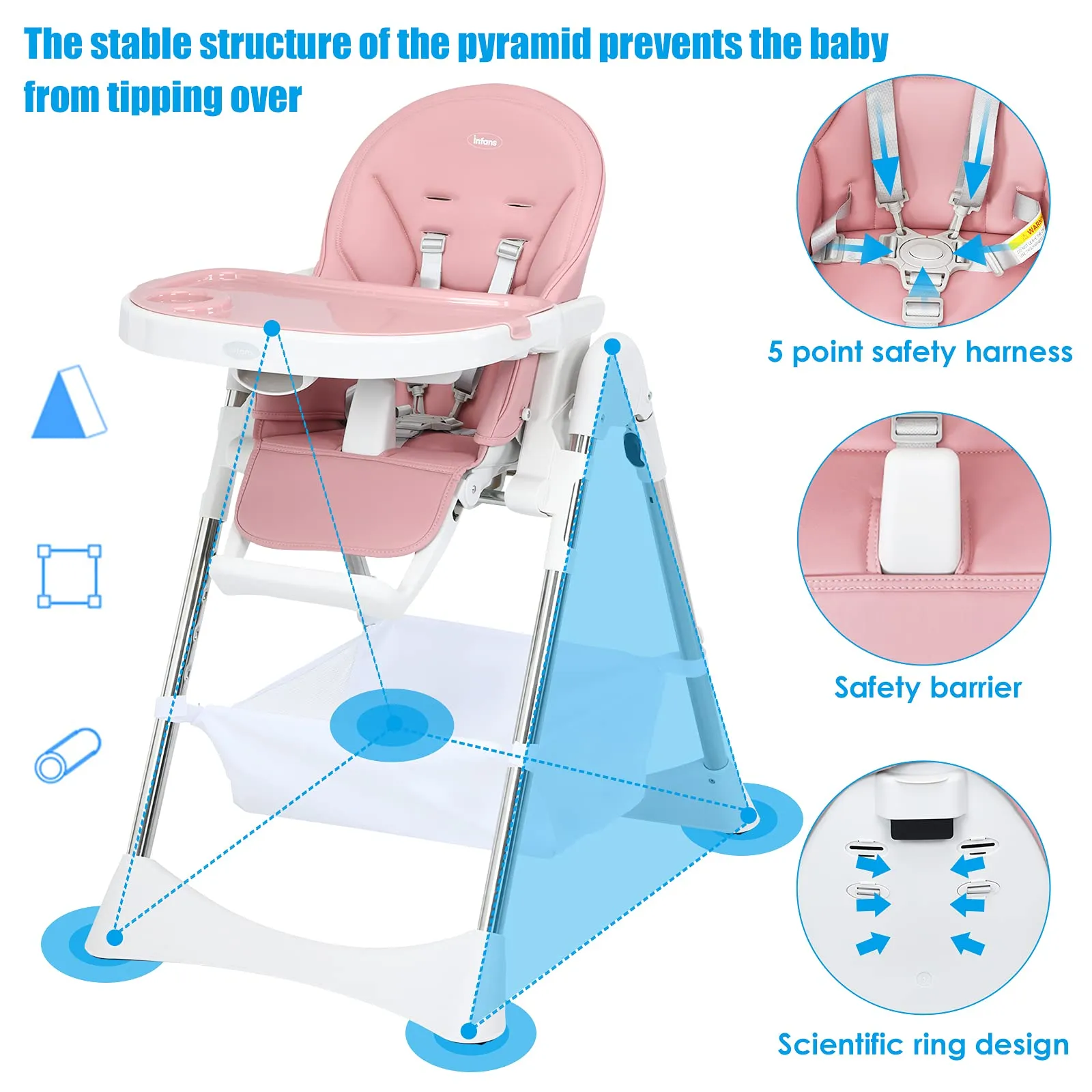 INFANS Foldable High Chair with Large Storage Basket - Adjustable Heights, 5-Point Safety Harness for Toddlers