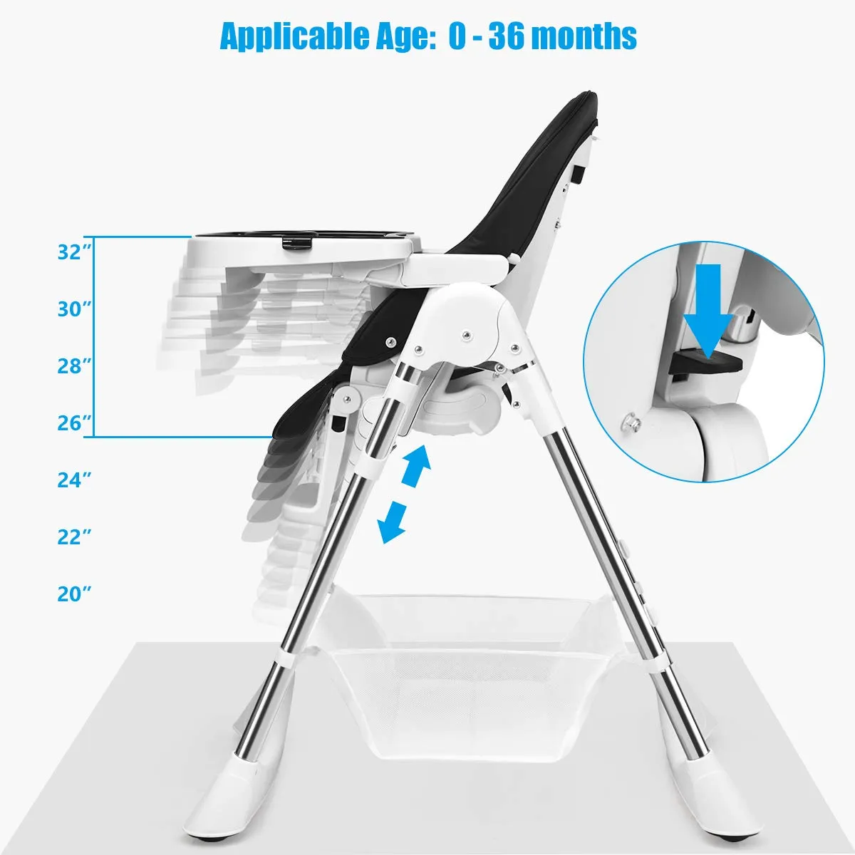 INFANS Foldable High Chair with Large Storage Basket - Adjustable Heights, 5-Point Safety Harness for Toddlers