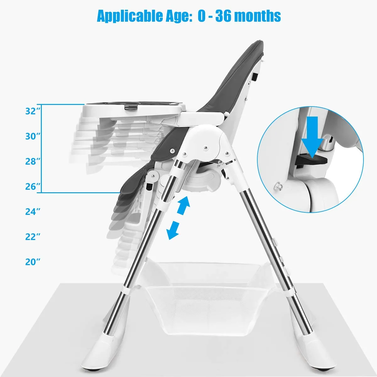 INFANS Foldable High Chair with Large Storage Basket - Adjustable Heights, 5-Point Safety Harness for Toddlers