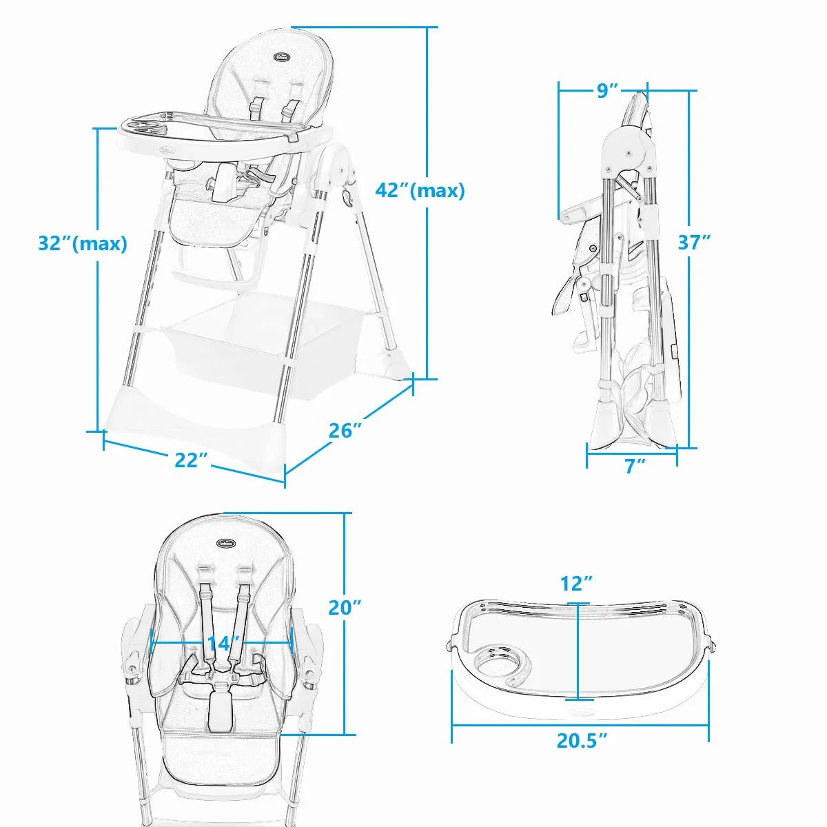 INFANS Foldable High Chair with Large Storage Basket - Adjustable Heights, 5-Point Safety Harness for Toddlers