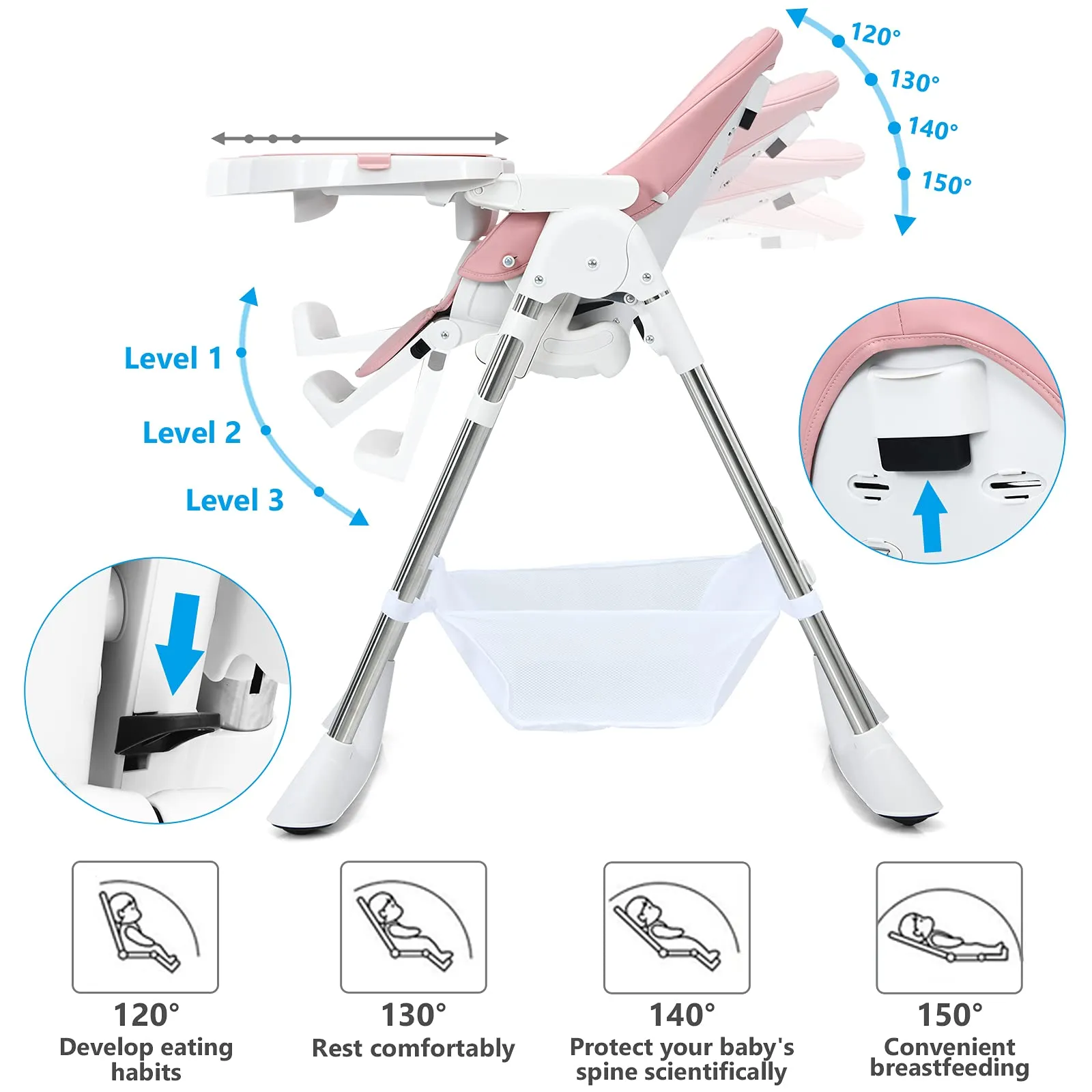 INFANS Foldable High Chair with Large Storage Basket - Adjustable Heights, 5-Point Safety Harness for Toddlers