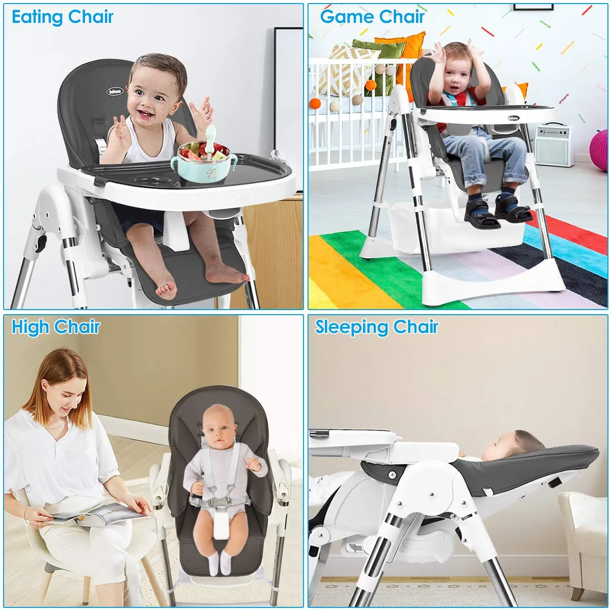 INFANS Foldable High Chair with Large Storage Basket - Adjustable Heights, 5-Point Safety Harness for Toddlers