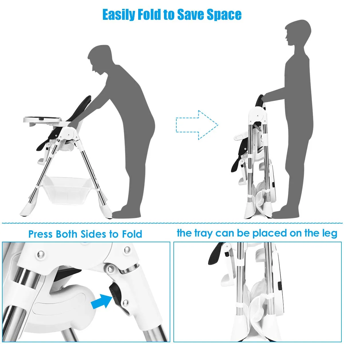 INFANS Foldable High Chair with Large Storage Basket - Adjustable Heights, 5-Point Safety Harness for Toddlers