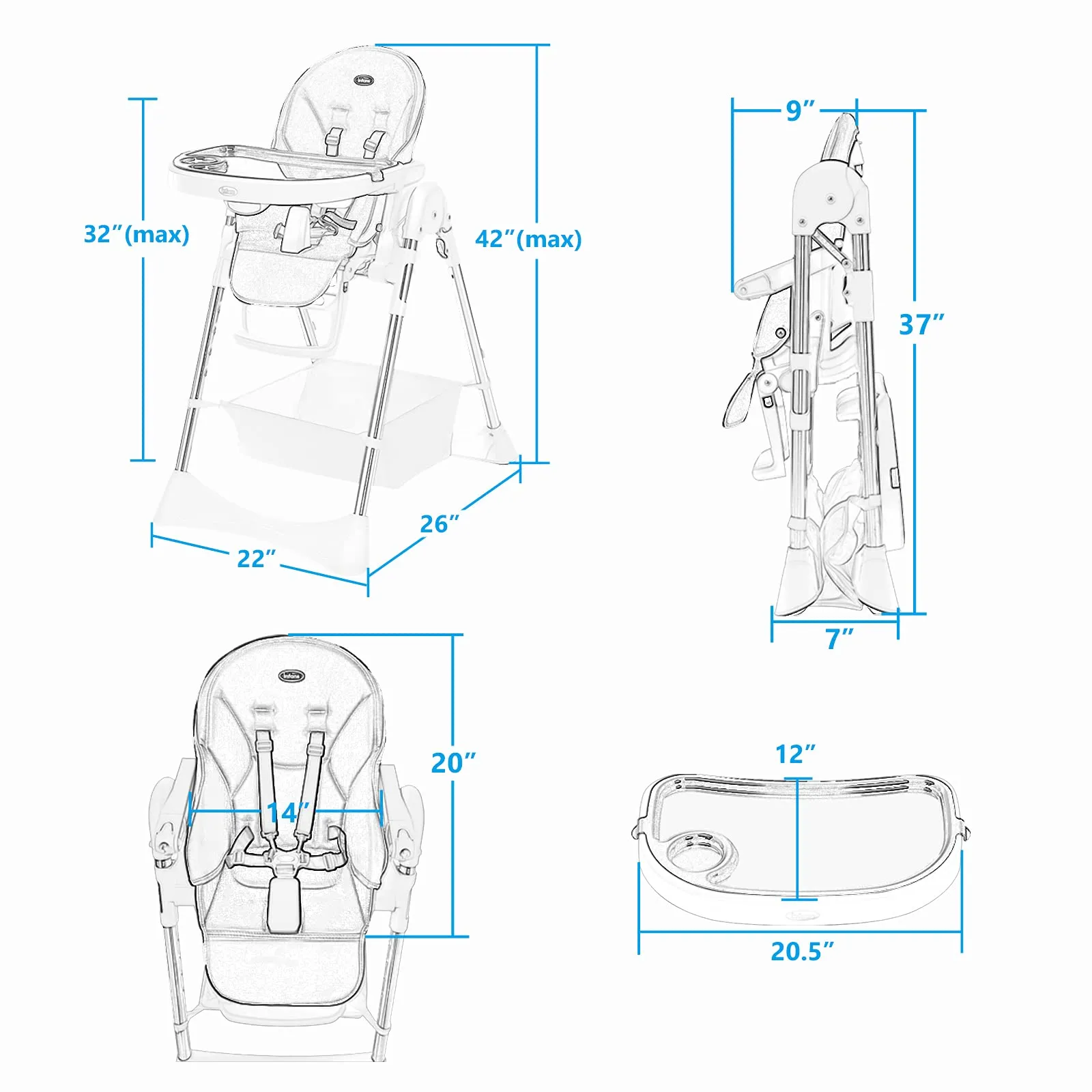 INFANS Foldable High Chair with Large Storage Basket - Adjustable Heights, 5-Point Safety Harness for Toddlers