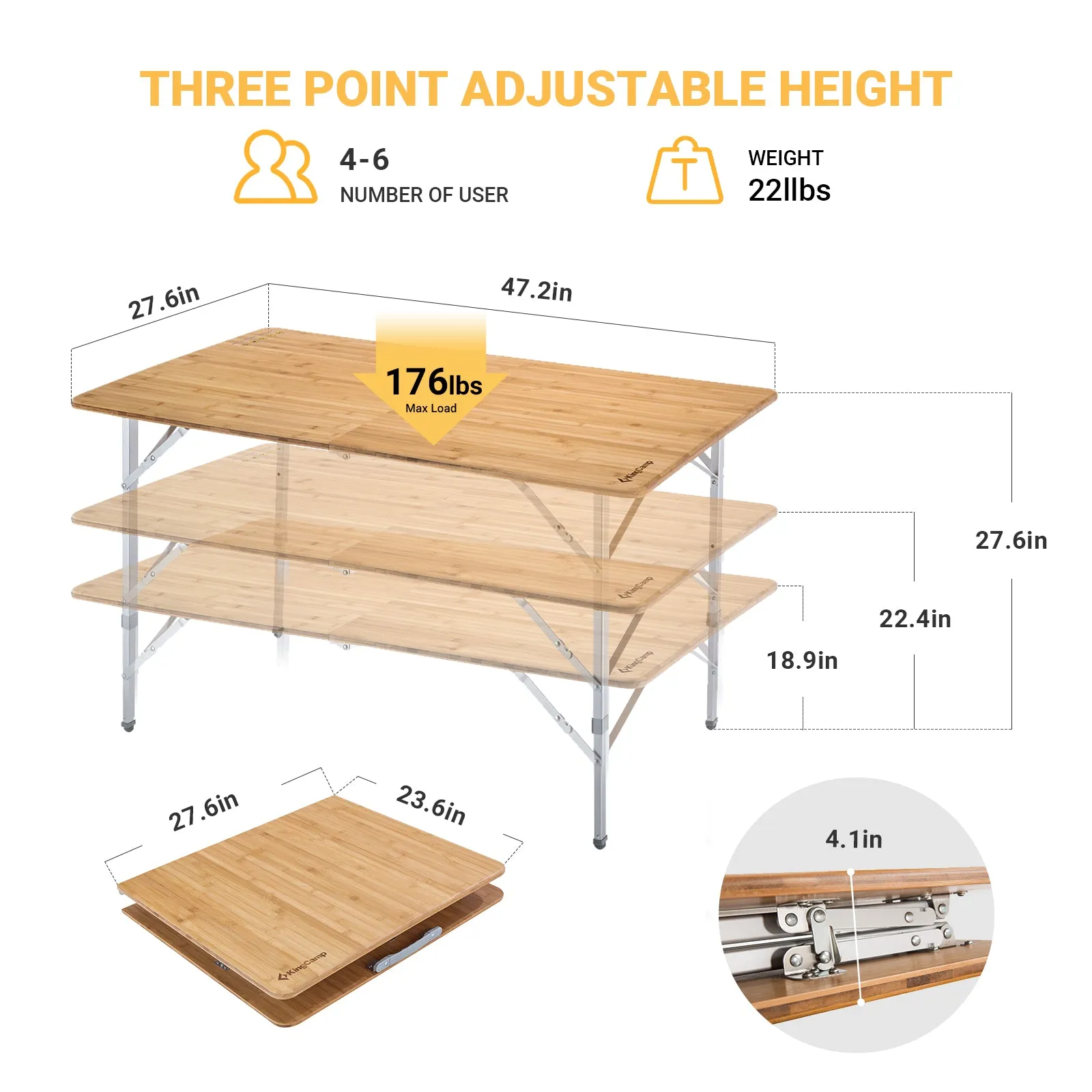 KingCamp 6 People Bamboo Folding Table