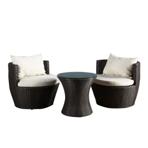 Kyoto Outdoor Round 3-Piece Brown Wicker Chat Set with Beige Cushions