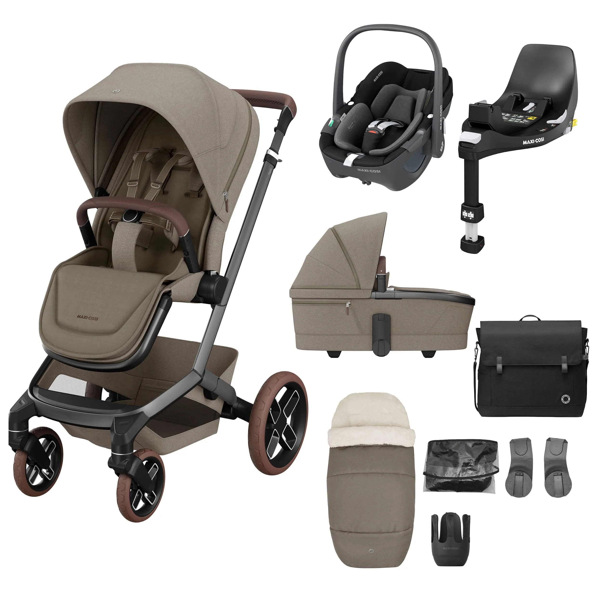 Maxi-Cosi FAME 8 Piece Complete Bundle in Twillic Truffle (Brown Wheels)