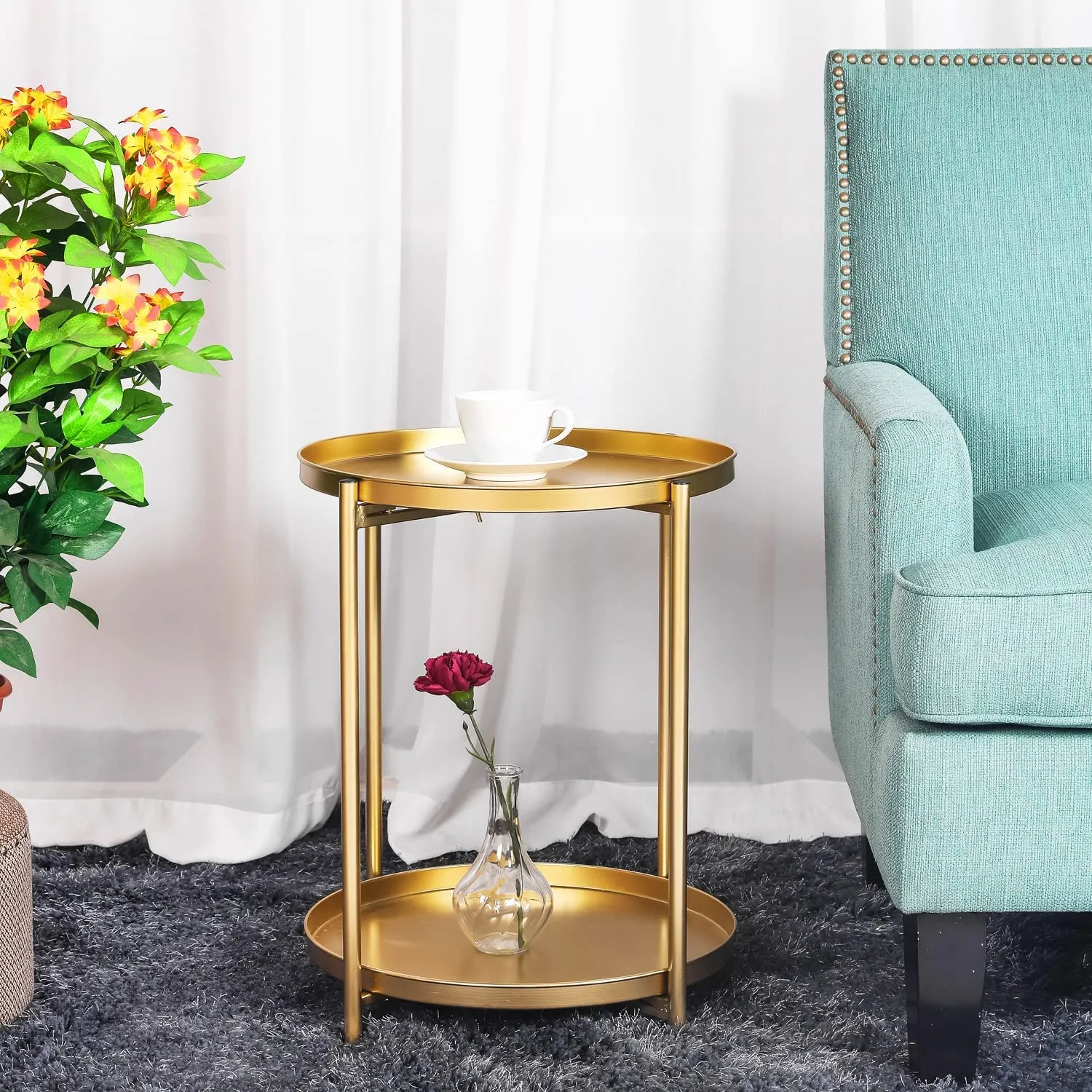 NEON CRAFTS End Table,Folding Metal Side Table Coffee Table Sofa Side Table for Living Room Bedroom Balcony and Office (Colour-Golden-2)