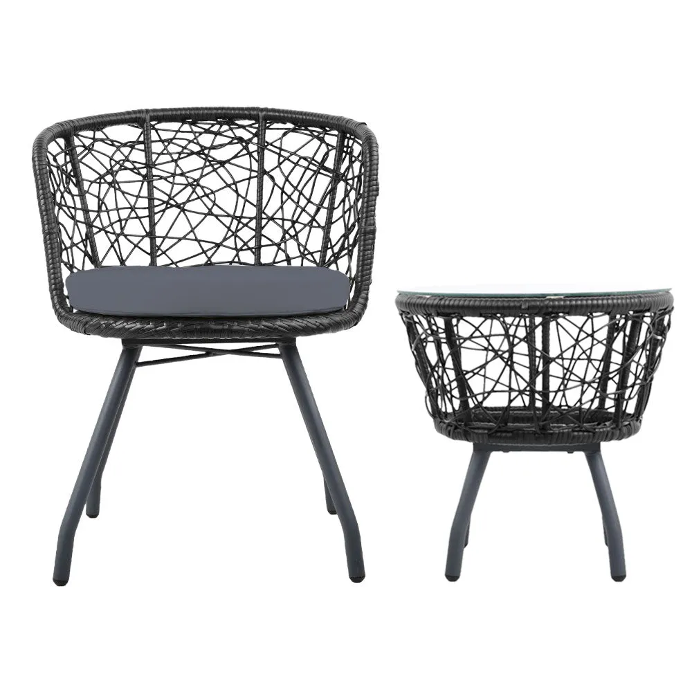 Outdoor Patio Chair and Table Bistro Set 3 Pc Round Rattan Chairs Table Black