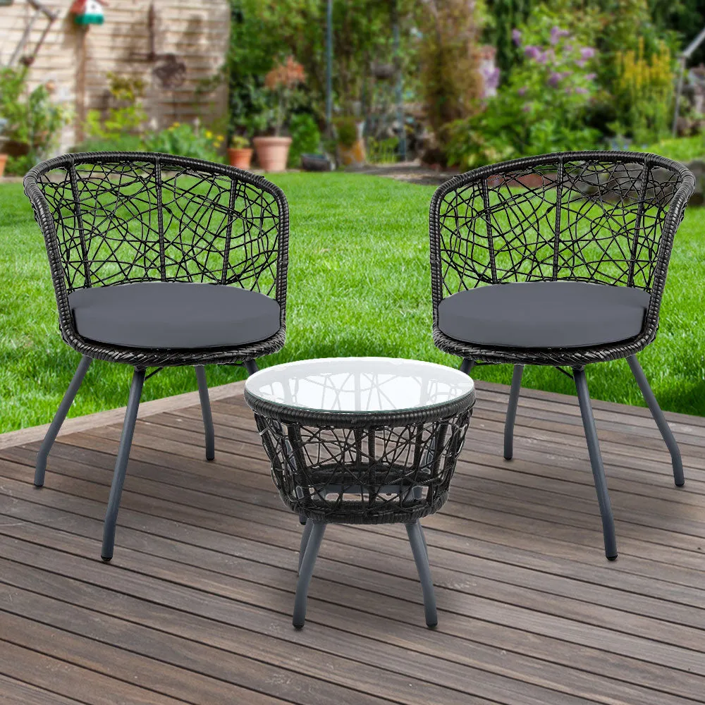 Outdoor Patio Chair and Table Bistro Set 3 Pc Round Rattan Chairs Table Black