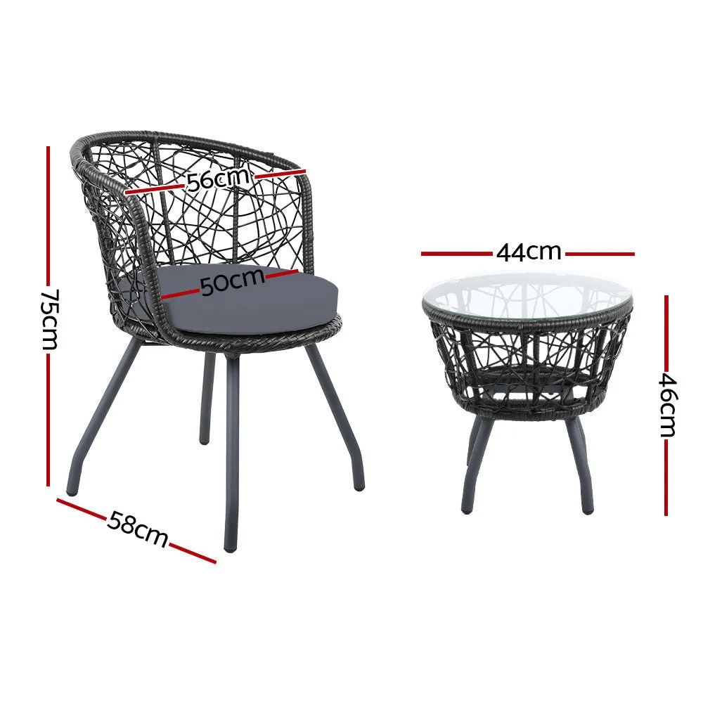 Outdoor Patio Chair and Table Bistro Set 3 Pc Round Rattan Chairs Table Black