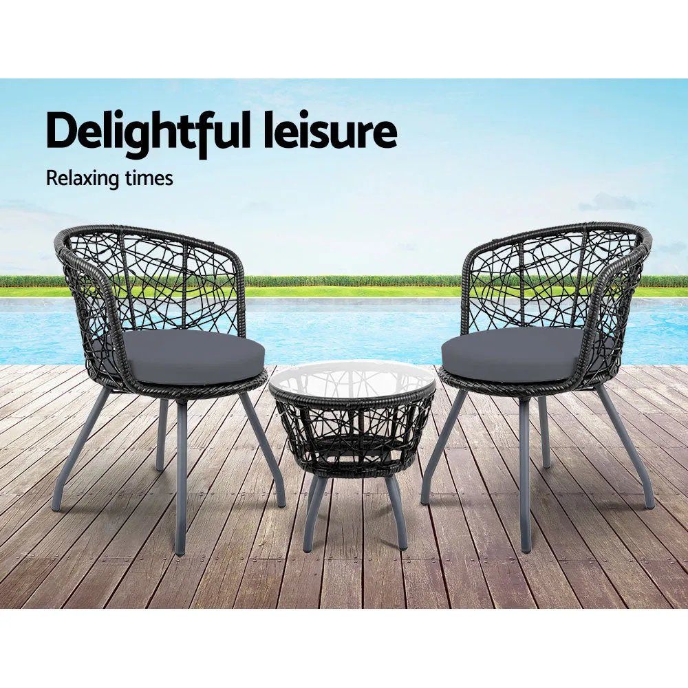 Outdoor Patio Chair and Table Bistro Set 3 Pc Round Rattan Chairs Table Black