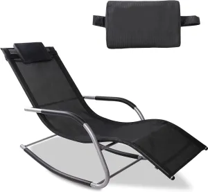 Patio Curved Rocker Chaise Lounge Chairs Rocking Chairs w/ Removable Pillow, Black