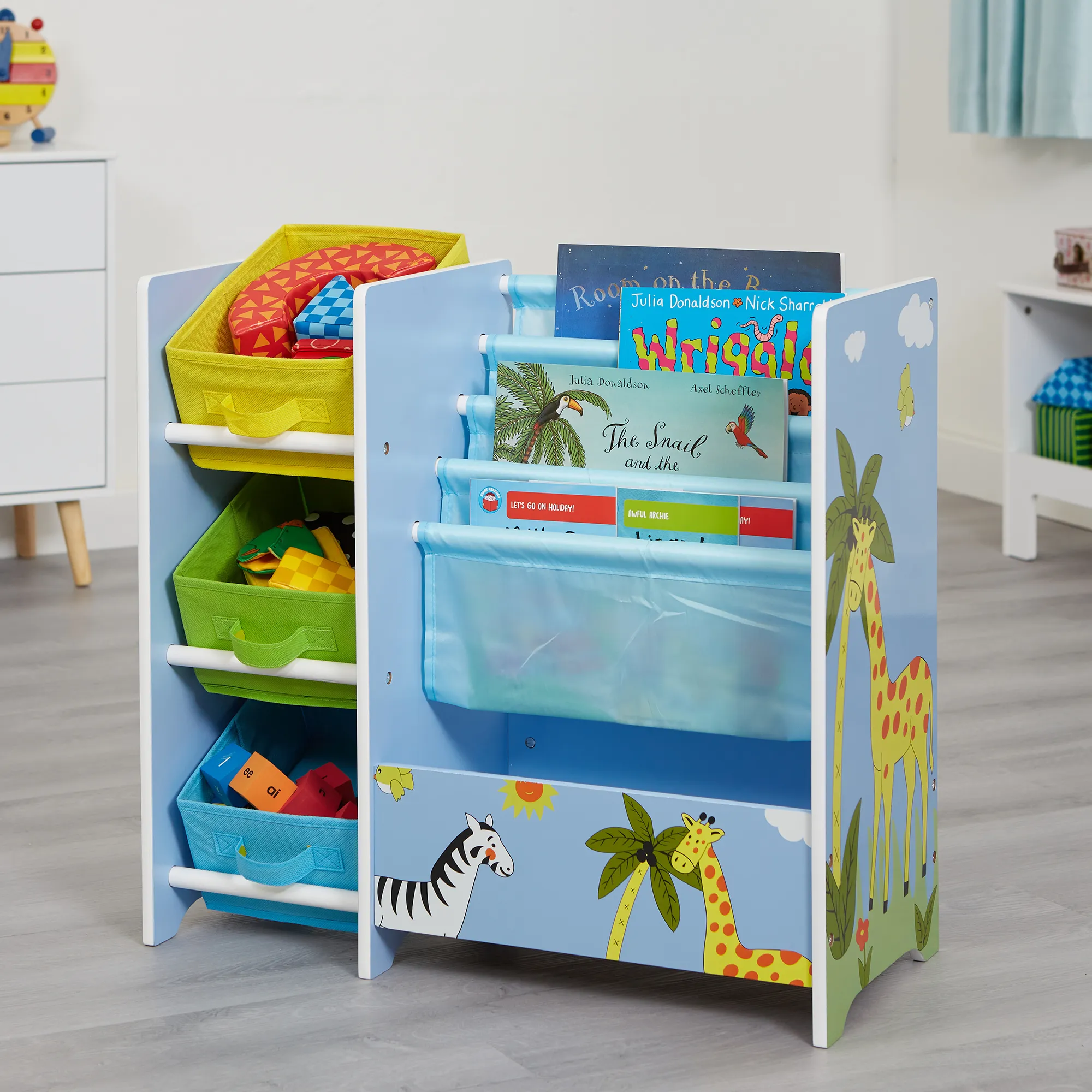 Safari Book Display Unit with Fabric Storage Boxes