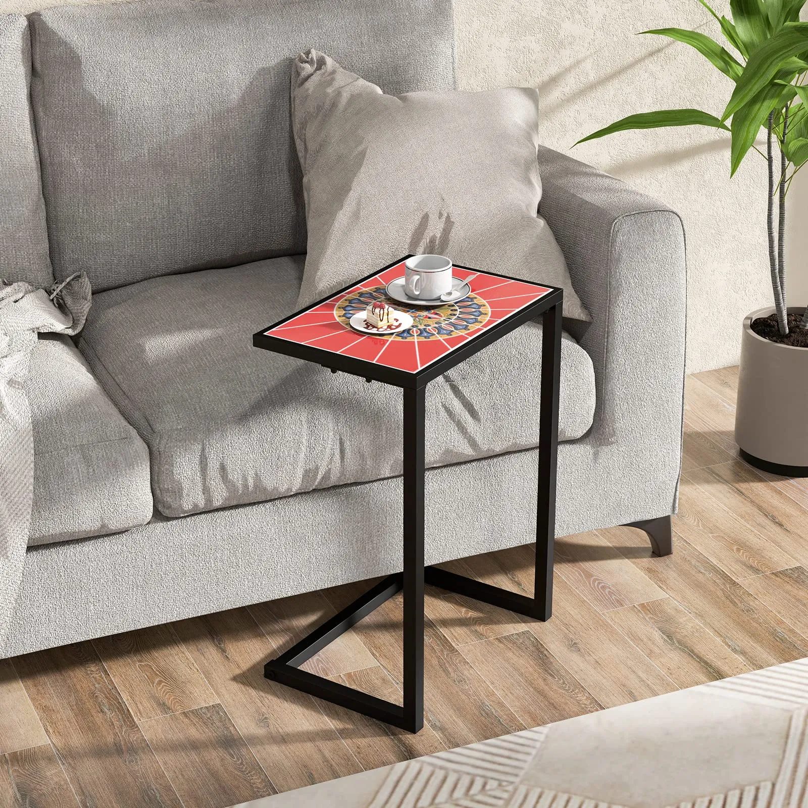 Tangkula C-Shaped Outdoor Side Table, Patio Snack Table w/Ceramic Top & Anti-Rust Metal Frame