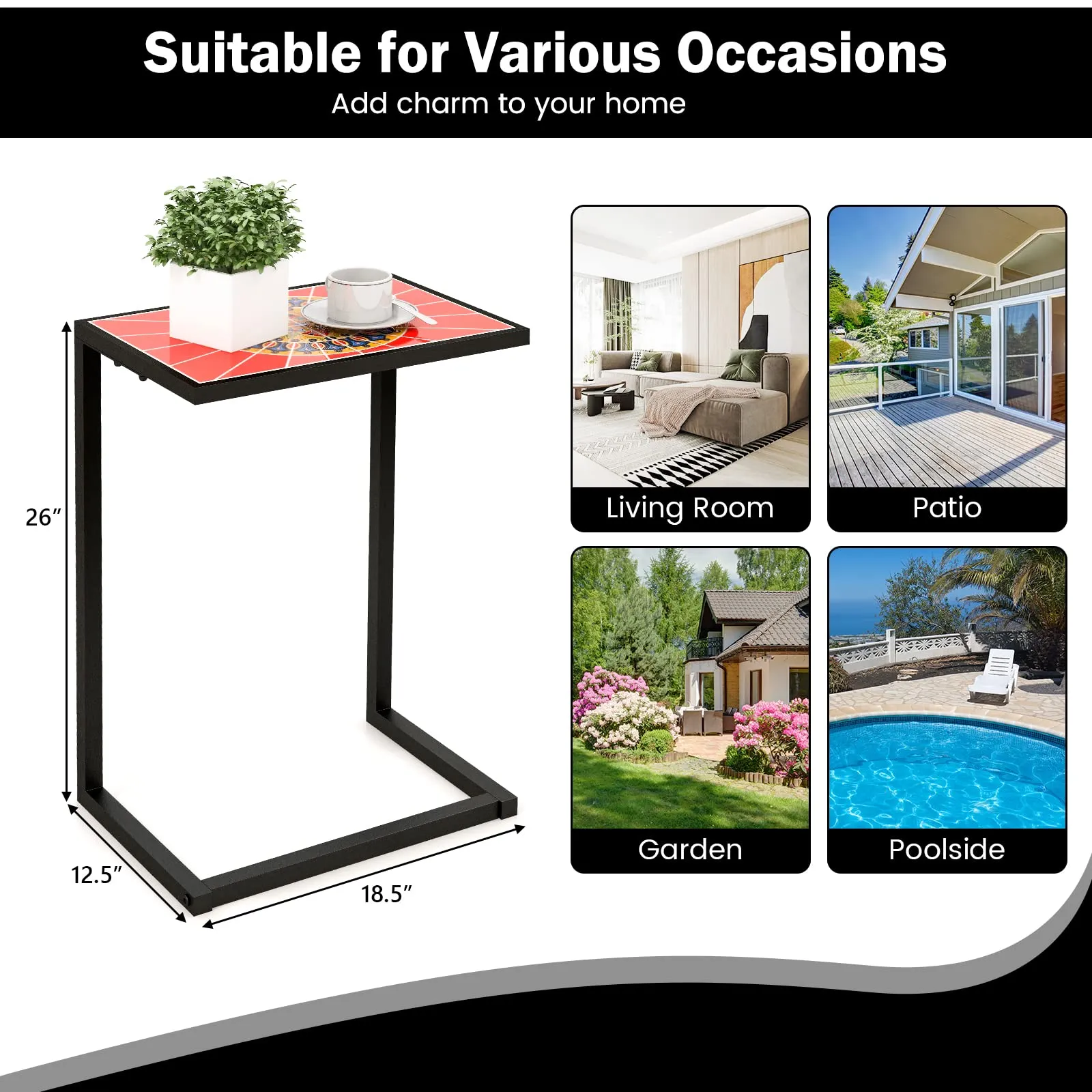 Tangkula C-Shaped Outdoor Side Table, Patio Snack Table w/Ceramic Top & Anti-Rust Metal Frame