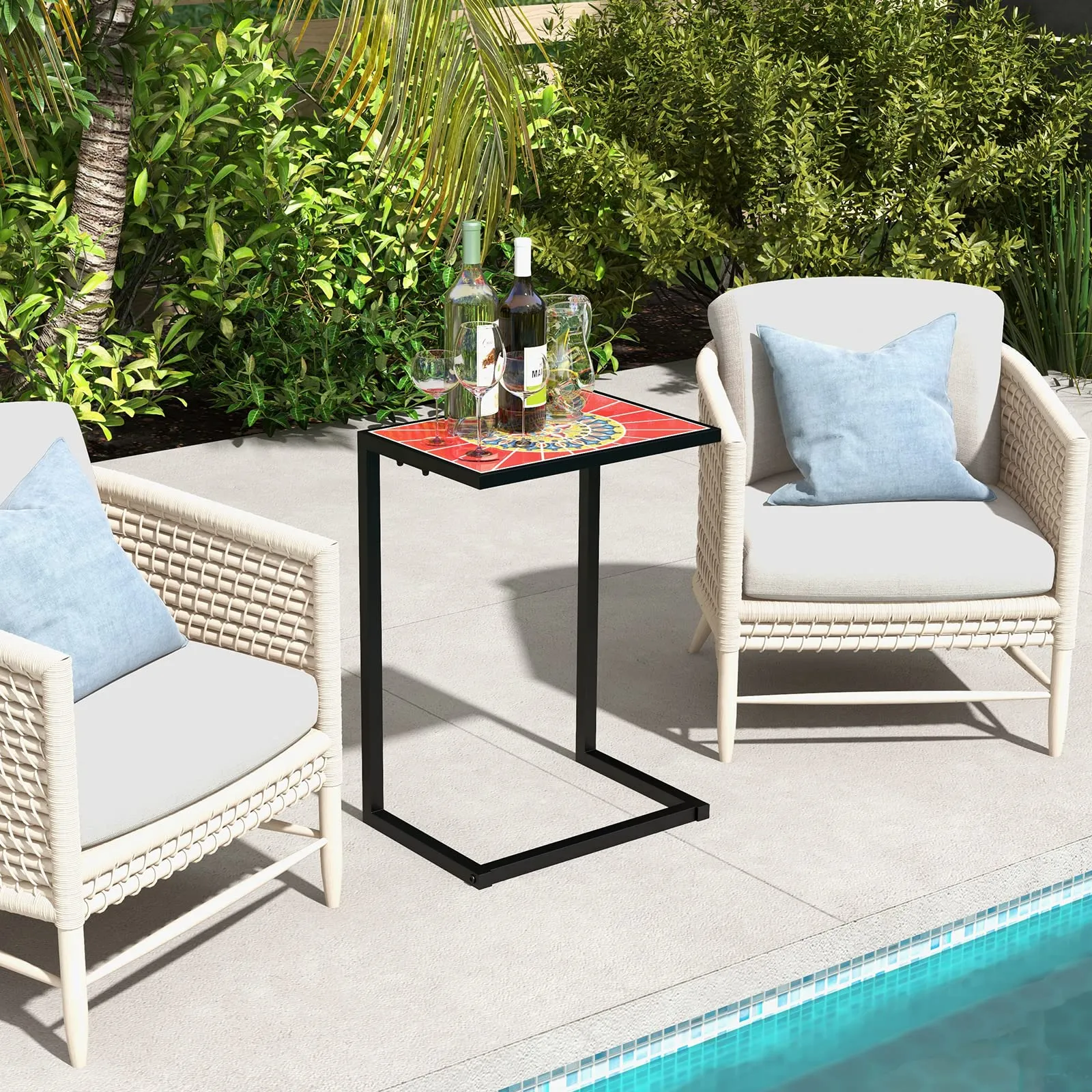 Tangkula C-Shaped Outdoor Side Table, Patio Snack Table w/Ceramic Top & Anti-Rust Metal Frame