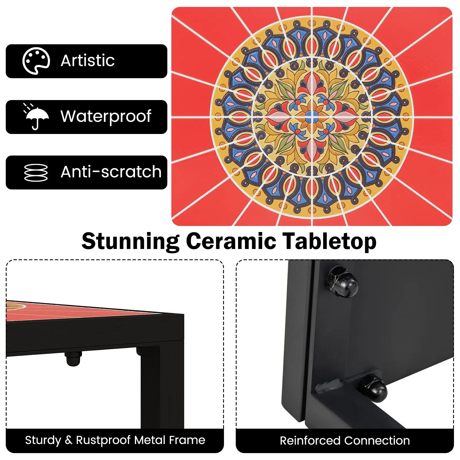 Tangkula C-Shaped Outdoor Side Table, Patio Snack Table w/Ceramic Top & Anti-Rust Metal Frame