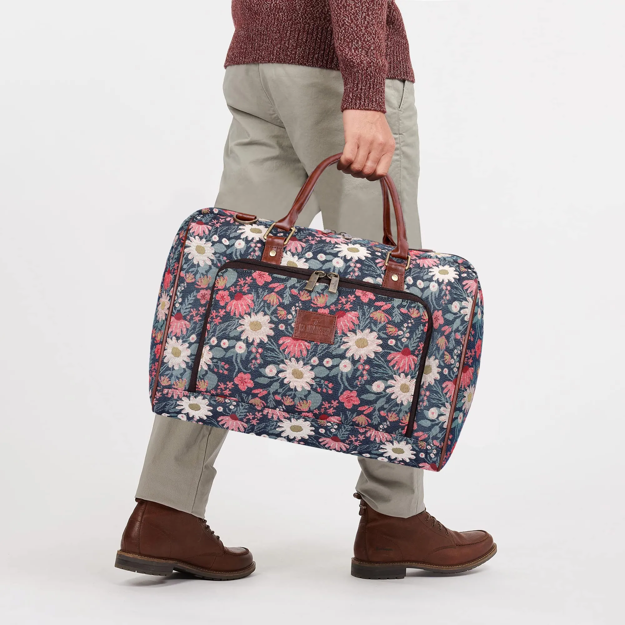 THE CLOWNFISH Fabric Oceania 28 Litres Tapestry Unisex Business Travel Duffle Bag With 15.6 Inch Laptop Sleeve (Purple-Floral)