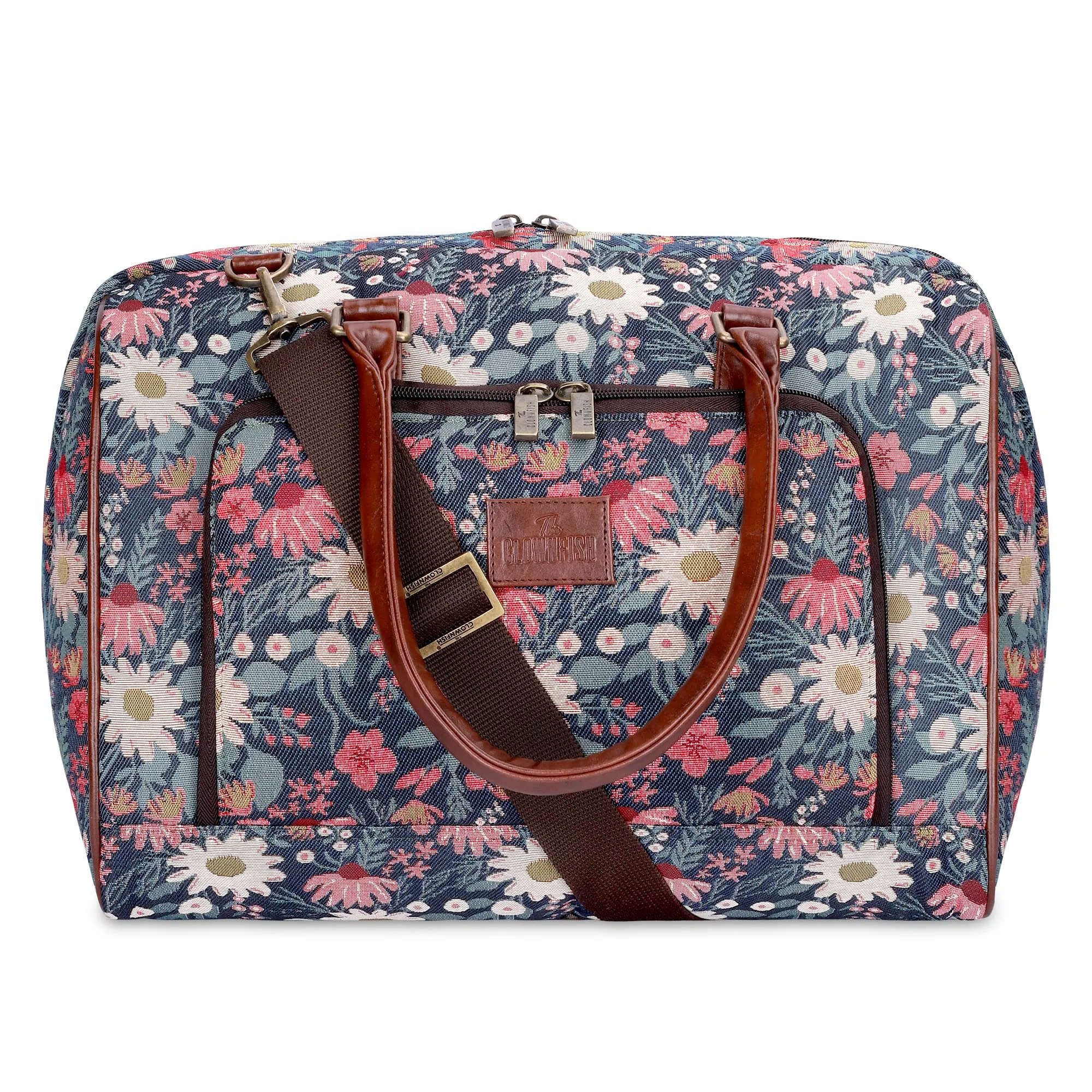 THE CLOWNFISH Fabric Oceania 28 Litres Tapestry Unisex Business Travel Duffle Bag With 15.6 Inch Laptop Sleeve (Purple-Floral)