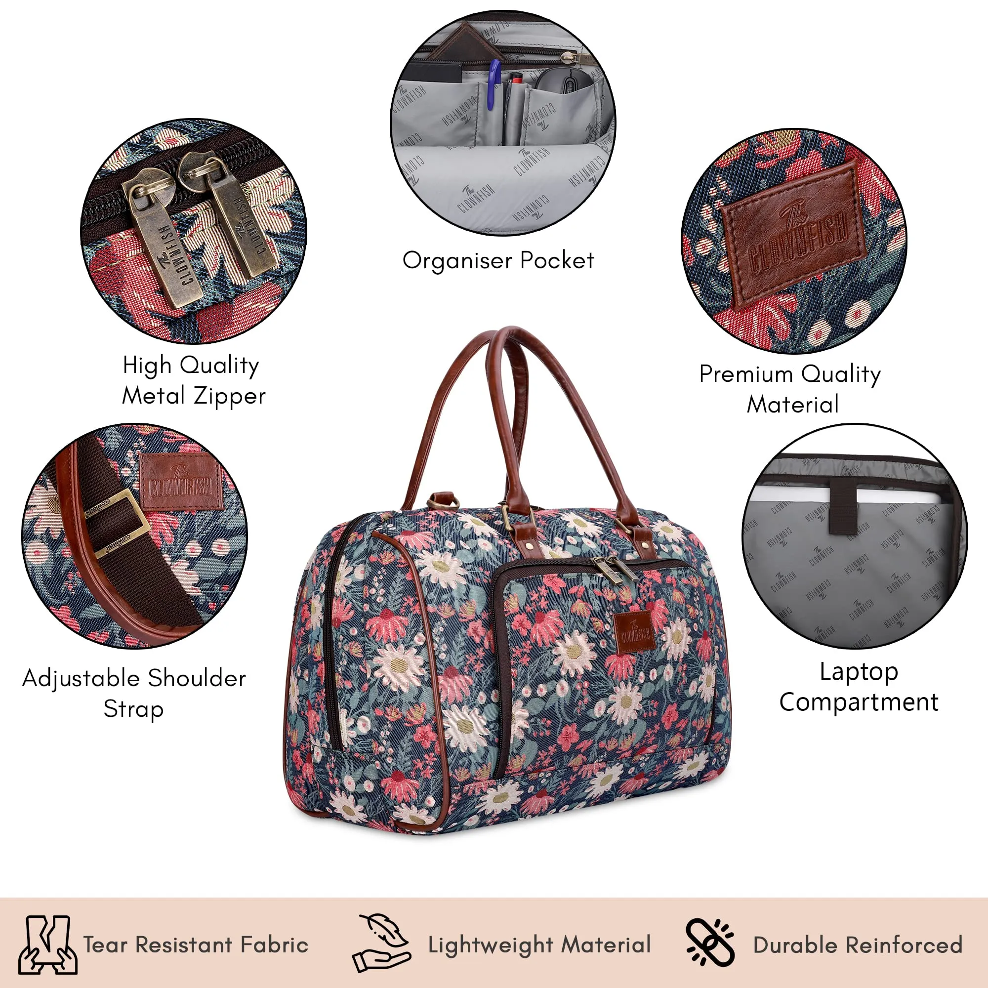 THE CLOWNFISH Fabric Oceania 28 Litres Tapestry Unisex Business Travel Duffle Bag With 15.6 Inch Laptop Sleeve (Purple-Floral)