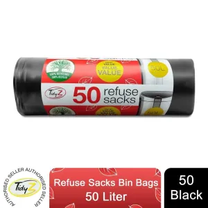 Tidyz 50 Black Refuse Sacks Bin Bags, 50L