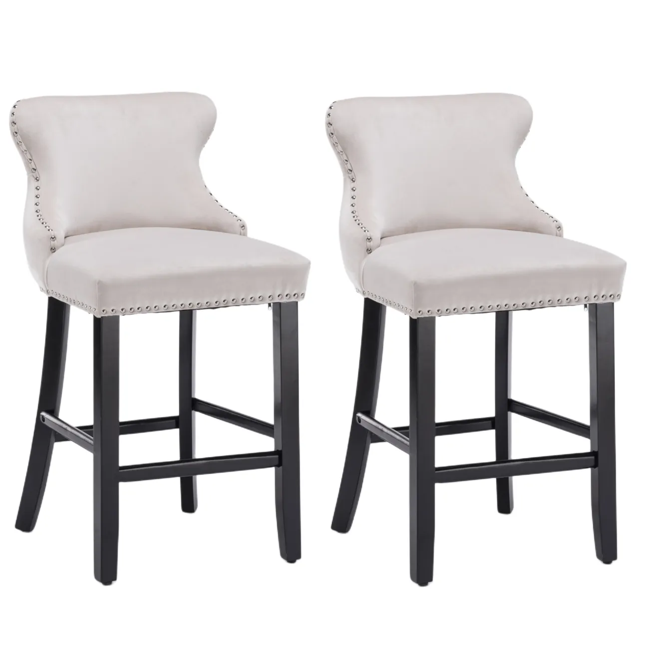 Two Velvet Upholstered Button Tufted Bar Stools with Wood Legs and Studs-Beige