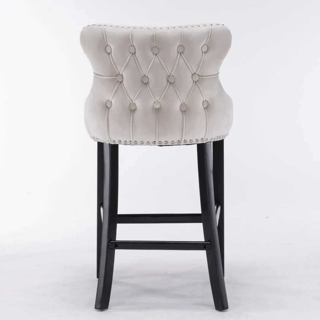 Two Velvet Upholstered Button Tufted Bar Stools with Wood Legs and Studs-Beige